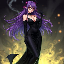 A sexy demonic anime girl witch with long, flowing purple hair and stylish glasses, emphasizing her enchanting allure