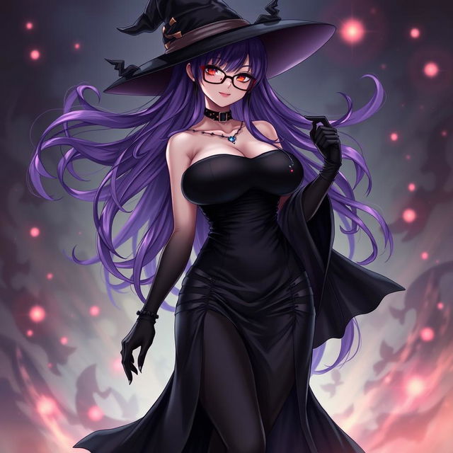 A sexy demonic anime girl witch with long, flowing purple hair and stylish glasses, emphasizing her enchanting allure