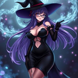 A sexy demonic anime girl witch with long, flowing purple hair and stylish glasses, emphasizing her enchanting allure