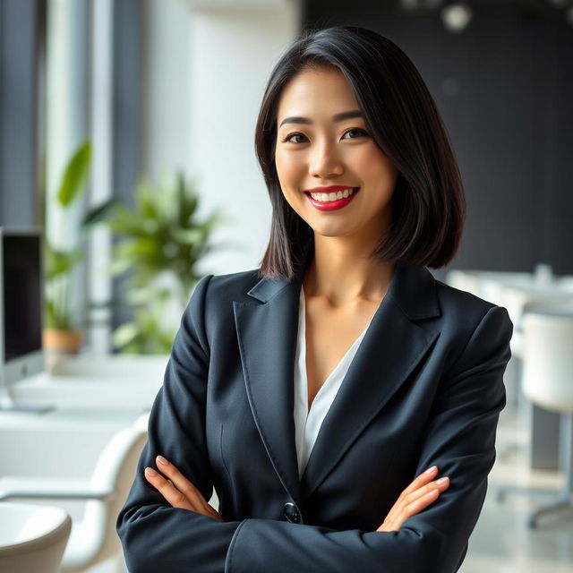 A stunning and confident Korean career woman, dressed in a stylish business suit, standing in a modern office environment