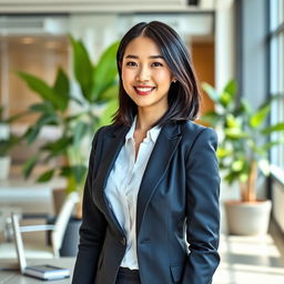 A stunning and confident Korean career woman, dressed in a stylish business suit, standing in a modern office environment