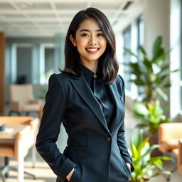 A stunning and confident Korean career woman, dressed in a stylish business suit, standing in a modern office environment