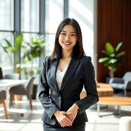 A stunning and confident Korean career woman, dressed in a stylish business suit, standing in a modern office environment
