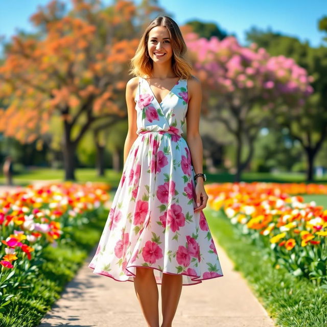 A stylish woman wearing a casual dress, standing in a sunlit park with colorful flowers blooming around her