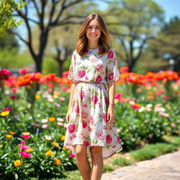 A stylish woman wearing a casual dress, standing in a sunlit park with colorful flowers blooming around her