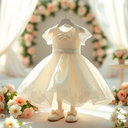 A beautiful and delicate wedding dress designed for a baby boy, featuring intricate lace detailing and soft satin fabric