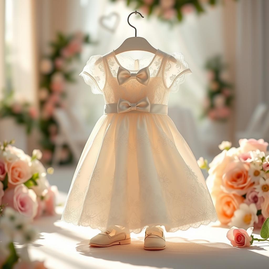 A beautiful and delicate wedding dress designed for a baby boy, featuring intricate lace detailing and soft satin fabric