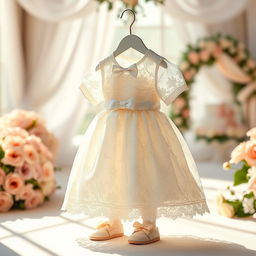 A beautiful and delicate wedding dress designed for a baby boy, featuring intricate lace detailing and soft satin fabric