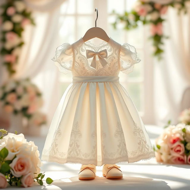 A beautiful and delicate wedding dress designed for a baby boy, featuring intricate lace detailing and soft satin fabric