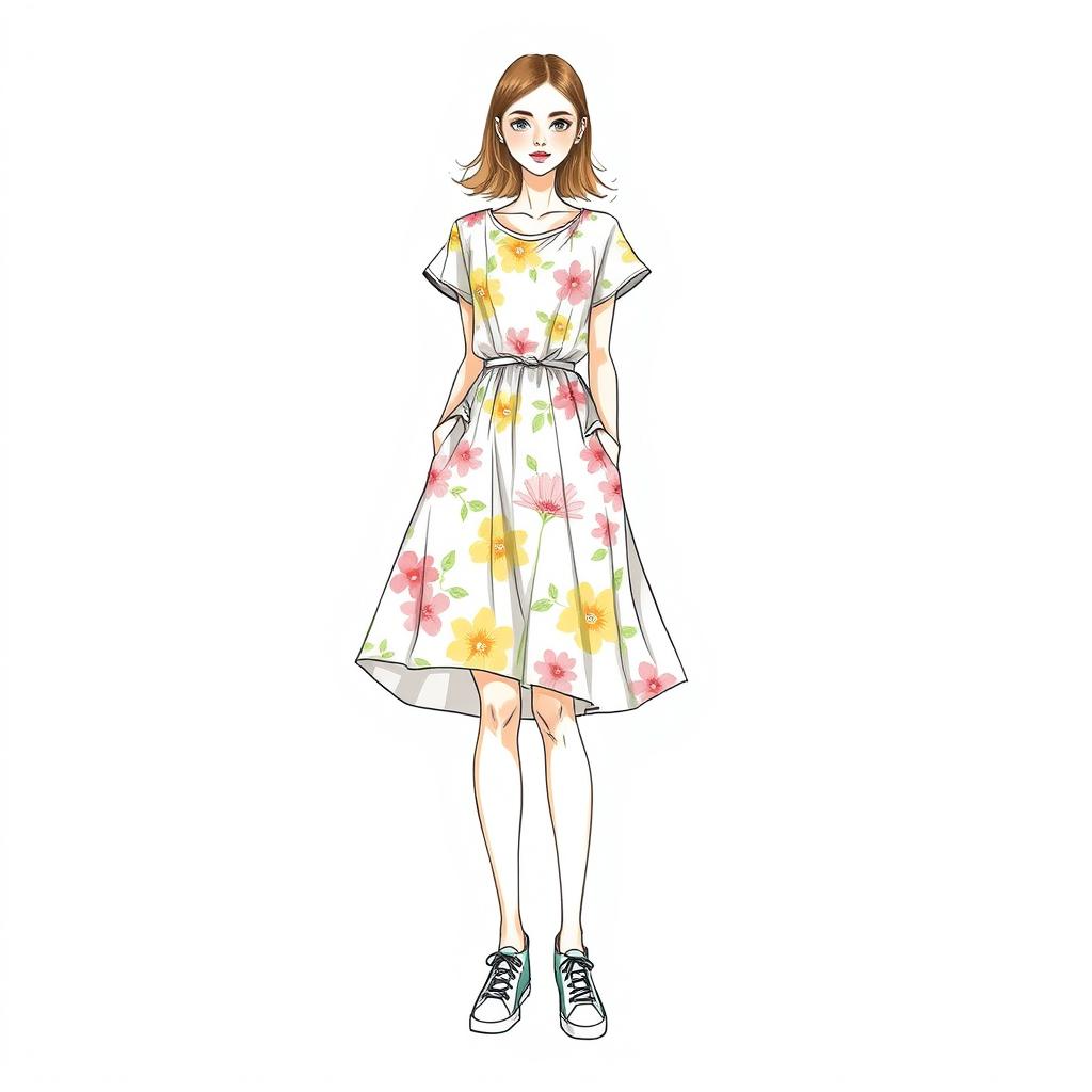 A fashion sketch featuring a stylish casual women's dress