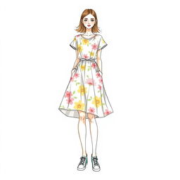 A fashion sketch featuring a stylish casual women's dress