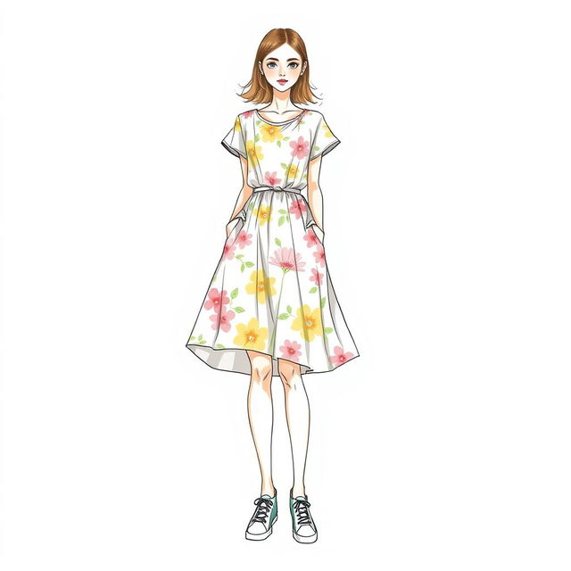 A fashion sketch featuring a stylish casual women's dress