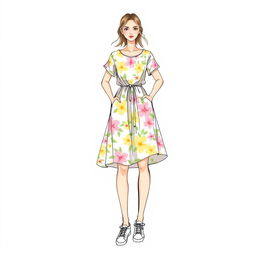 A fashion sketch featuring a stylish casual women's dress