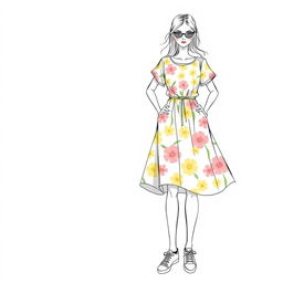 A fashion sketch featuring a stylish casual women's dress