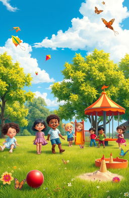 A nostalgic scene depicting a childhood playground on a sunny day, vibrant colors showing children playing, swings swaying, a slide, and a merry-go-round
