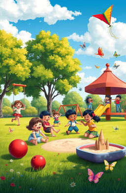 A nostalgic scene depicting a childhood playground on a sunny day, vibrant colors showing children playing, swings swaying, a slide, and a merry-go-round