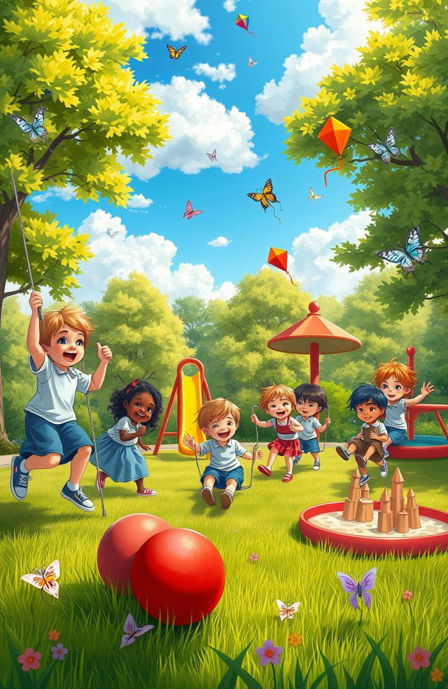 A nostalgic scene depicting a childhood playground on a sunny day, vibrant colors showing children playing, swings swaying, a slide, and a merry-go-round