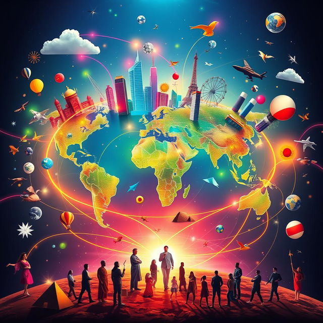 A dynamic and colorful representation of globalization, featuring a world map filled with symbols of different cultures and economies, interconnected by vibrant lines symbolizing trade and communication