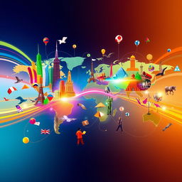 A dynamic and colorful representation of globalization, featuring a world map filled with symbols of different cultures and economies, interconnected by vibrant lines symbolizing trade and communication