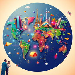 A dynamic and colorful representation of globalization, featuring a world map filled with symbols of different cultures and economies, interconnected by vibrant lines symbolizing trade and communication