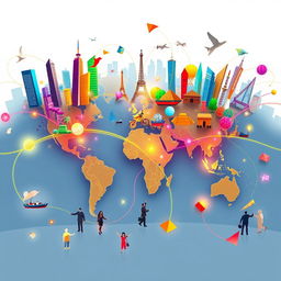 A dynamic and colorful representation of globalization, featuring a world map filled with symbols of different cultures and economies, interconnected by vibrant lines symbolizing trade and communication