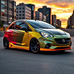 A modified Opel Corsa with a body kit that features the bumper design from the Corsa 2 model