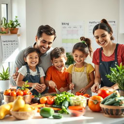 A joyful family engaging in healthy lifestyle activities, showcasing parents and children cooking together in a bright kitchen filled with fresh fruits and vegetables
