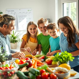 A joyful family engaging in healthy lifestyle activities, showcasing parents and children cooking together in a bright kitchen filled with fresh fruits and vegetables