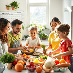 A joyful family engaging in healthy lifestyle activities, showcasing parents and children cooking together in a bright kitchen filled with fresh fruits and vegetables