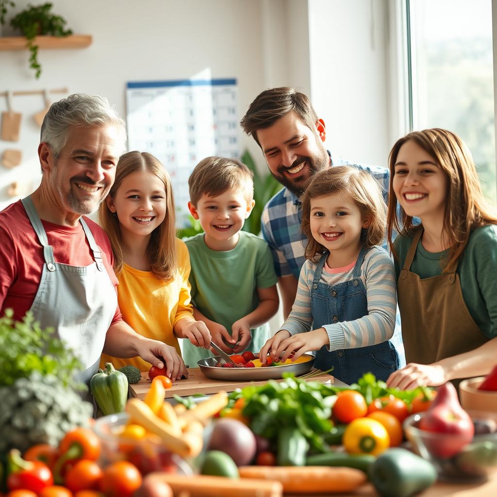 A joyful family engaging in healthy lifestyle activities, showcasing parents and children cooking together in a bright kitchen filled with fresh fruits and vegetables