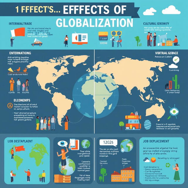 An infographic illustrating the effects of globalization, showcasing both positive and negative impacts on society