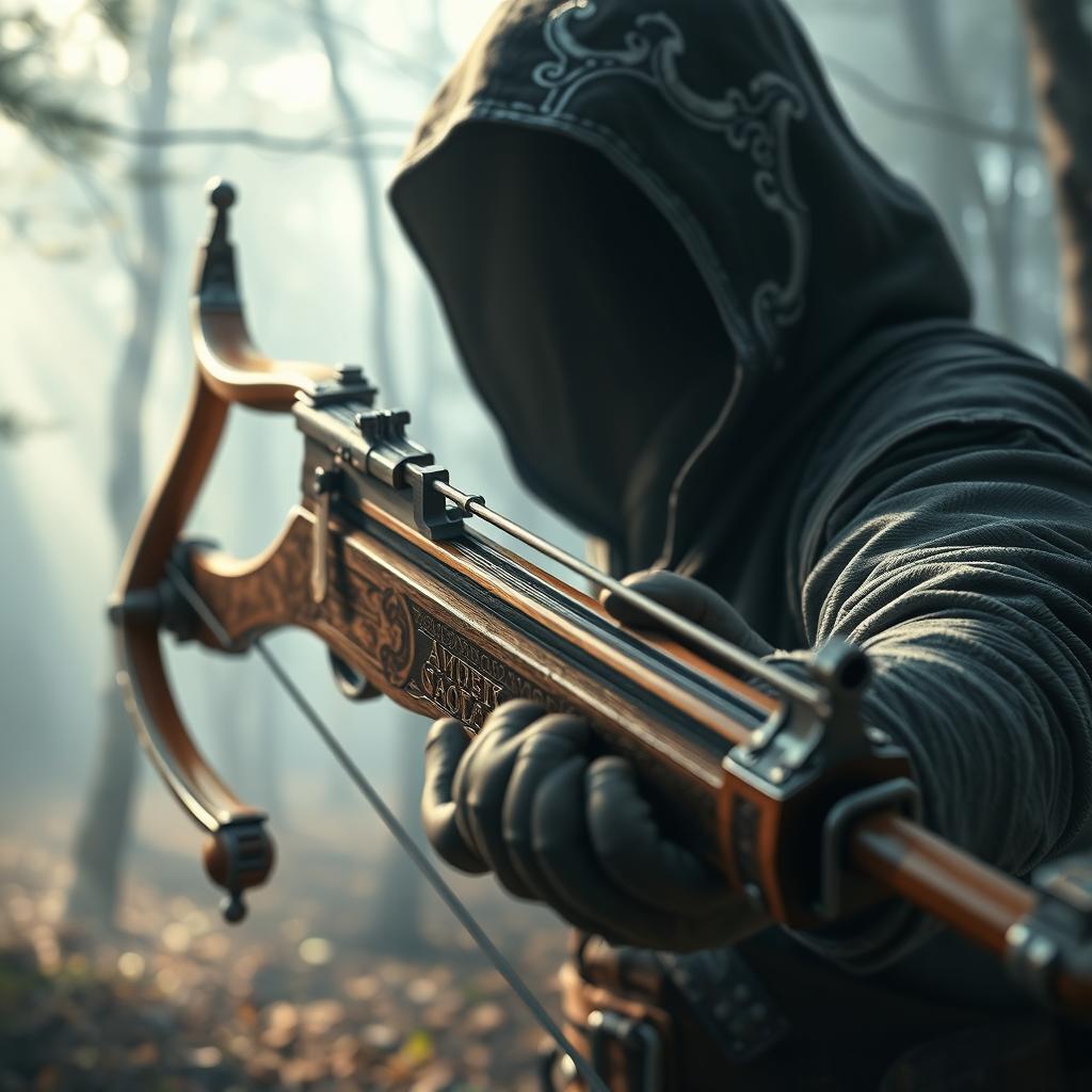A detailed and visually striking depiction of a hooded crossbow, showcasing intricate designs and craftsmanship