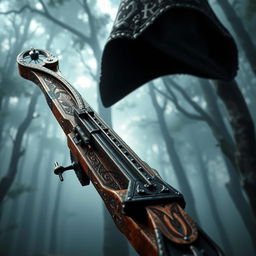 A detailed and visually striking depiction of a hooded crossbow, showcasing intricate designs and craftsmanship