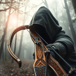 A detailed and visually striking depiction of a hooded crossbow, showcasing intricate designs and craftsmanship