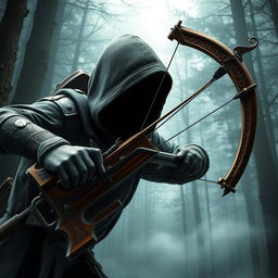 A detailed and visually striking depiction of a hooded crossbow, showcasing intricate designs and craftsmanship