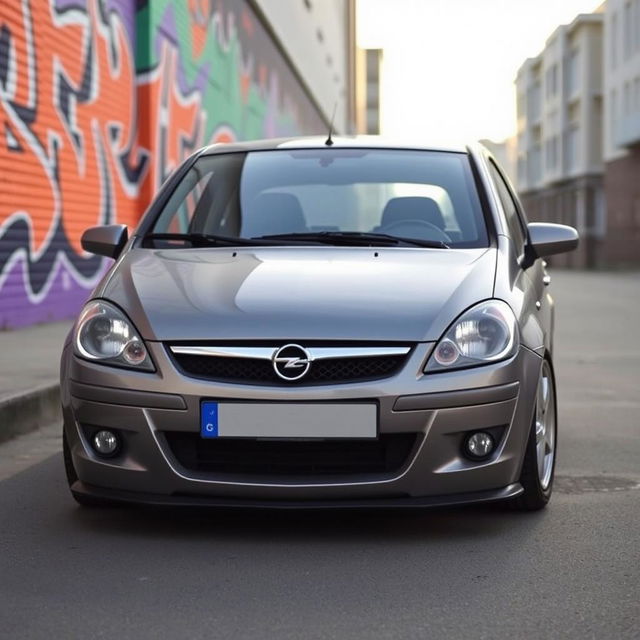 A 2003 Opel Corsa modified with the front bumper from a 2012 Opel Corsa, showcasing the sleek transition between the classic and modern design elements