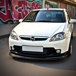 A 2003 Opel Corsa modified with the front bumper from a 2012 Opel Corsa, showcasing the sleek transition between the classic and modern design elements