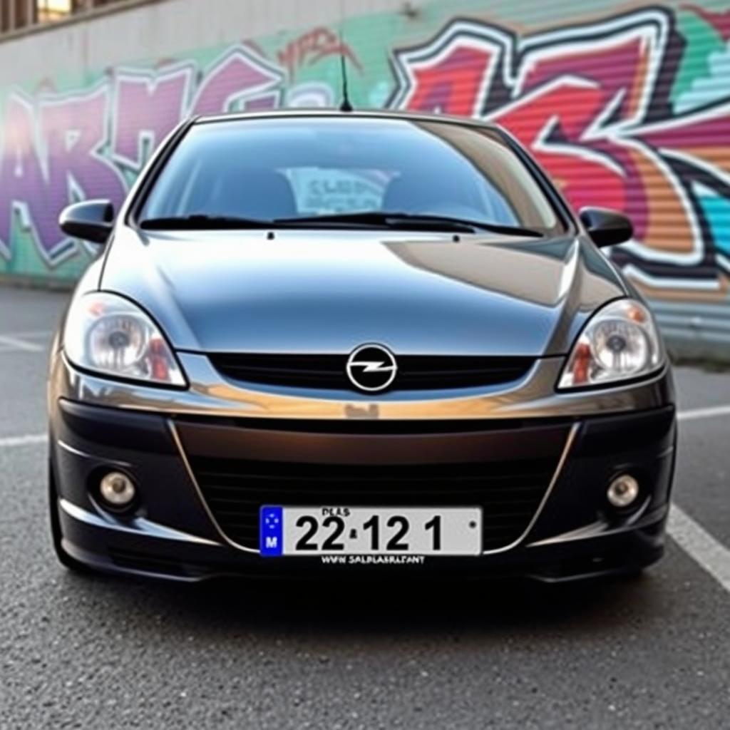 A 2003 Opel Corsa modified with the front bumper from a 2012 Opel Corsa, showcasing the sleek transition between the classic and modern design elements