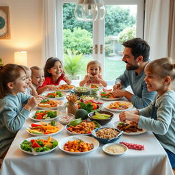 A joyful family gathered around a beautifully set dinner table filled with colorful, healthy dishes such as fresh salads, grilled vegetables, and whole grain meals