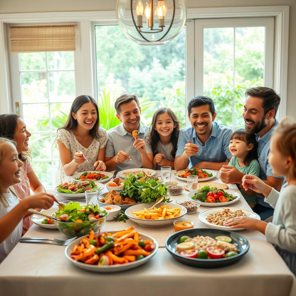 A joyful family gathered around a beautifully set dinner table filled with colorful, healthy dishes such as fresh salads, grilled vegetables, and whole grain meals