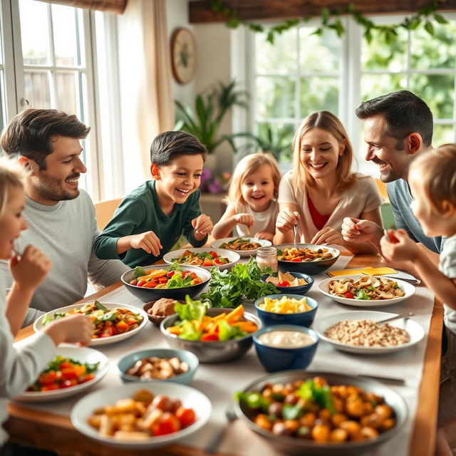 A joyful family gathered around a beautifully set dinner table filled with colorful, healthy dishes such as fresh salads, grilled vegetables, and whole grain meals