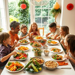 A joyful family gathered around a beautifully set dinner table filled with colorful, healthy dishes such as fresh salads, grilled vegetables, and whole grain meals