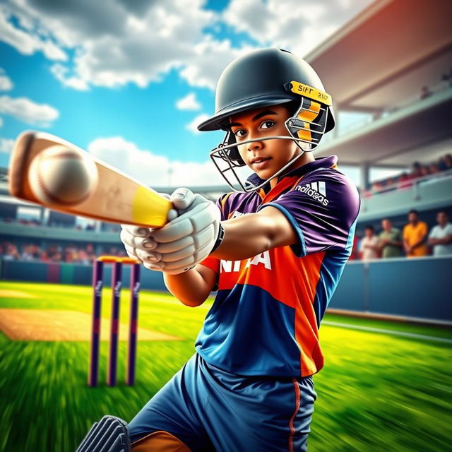 A vibrant and energetic thumbnail featuring Saim Ayub, a young cricketer, in action while batting