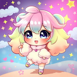 A vibrant and colorful chibi character with exaggerated features, large sparkling eyes, and a whimsical expression