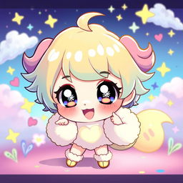 A vibrant and colorful chibi character with exaggerated features, large sparkling eyes, and a whimsical expression