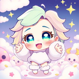 A vibrant and colorful chibi character with exaggerated features, large sparkling eyes, and a whimsical expression