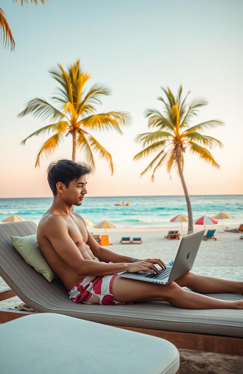 An inspiring scene depicting a digital nomad working on a laptop at a beautiful beachside location, with a backdrop of clear blue waters and palm trees swaying in the breeze