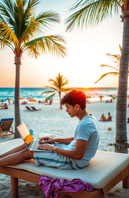 An inspiring scene depicting a digital nomad working on a laptop at a beautiful beachside location, with a backdrop of clear blue waters and palm trees swaying in the breeze