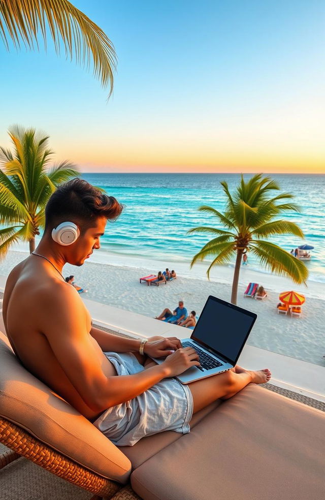 An inspiring scene depicting a digital nomad working on a laptop at a beautiful beachside location, with a backdrop of clear blue waters and palm trees swaying in the breeze