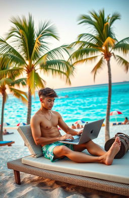 An inspiring scene depicting a digital nomad working on a laptop at a beautiful beachside location, with a backdrop of clear blue waters and palm trees swaying in the breeze